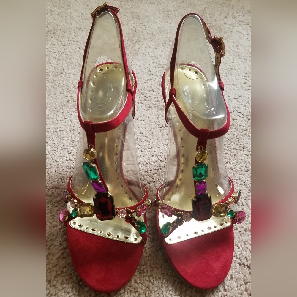 BCBG Red Jeweled Strappy Heels